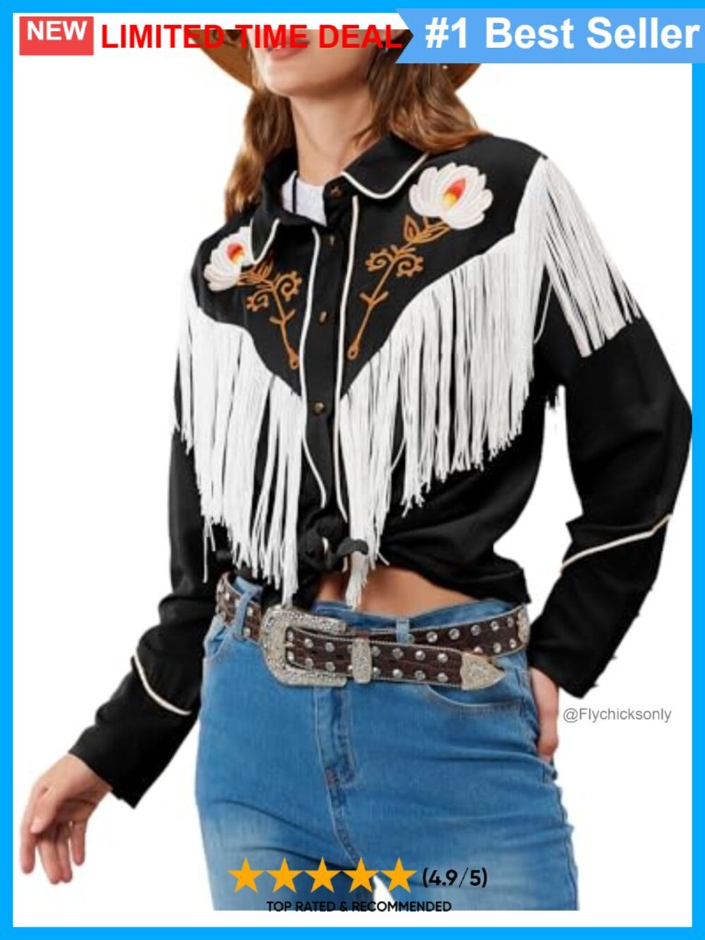 Women Floral Fringe Western Button Down Shirt Shotgun Cuffs